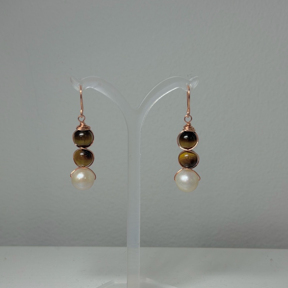 Elegant Pearl and Tiger Eye Drop Earrings